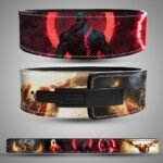 God of War weightlifting belt with Kratos artwork and red lightning design