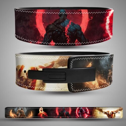 God of War weightlifting belt with Kratos artwork and red lightning design