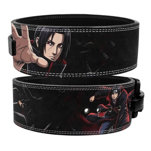 Itachi lifting belt showing reaching hand artwork and lever buckle