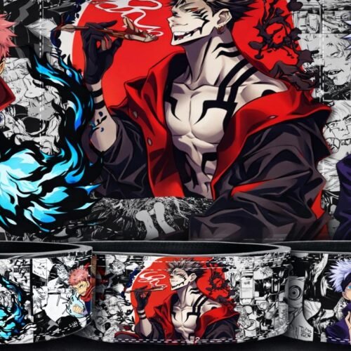 Three custom weightlifting belts and a matching backdrop featuring Jujutsu Kaisen anime characters, including Yuji Itadori wielding blue cursed energy, Ryomen Sukuna with his signature tattoos set against a red circle, and Satoru Gojo lifting his blindfold to reveal his blue eye, all overlaid on black-and-white manga panels.