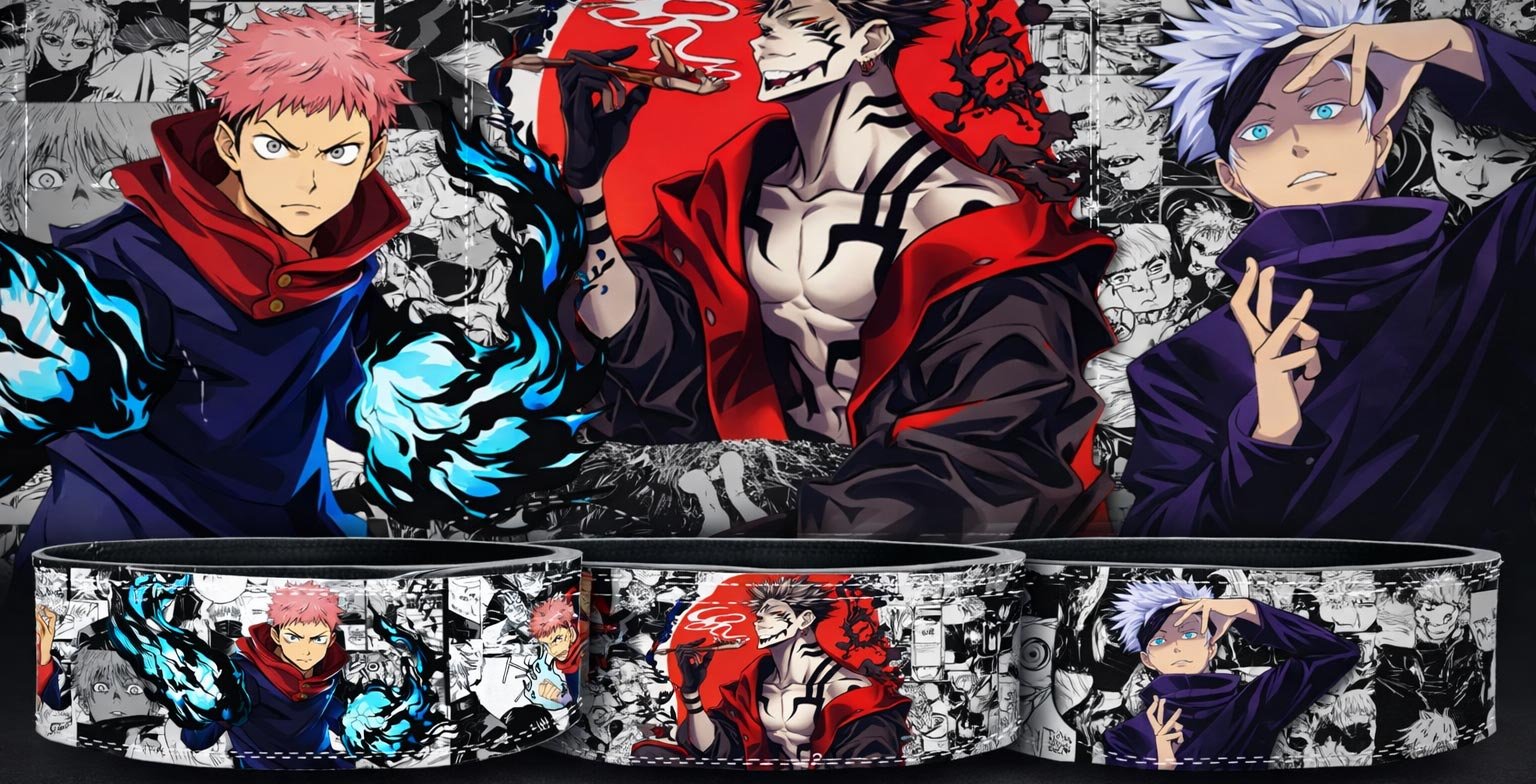 Three custom weightlifting belts and a matching backdrop featuring Jujutsu Kaisen anime characters, including Yuji Itadori wielding blue cursed energy, Ryomen Sukuna with his signature tattoos set against a red circle, and Satoru Gojo lifting his blindfold to reveal his blue eye, all overlaid on black-and-white manga panels.
