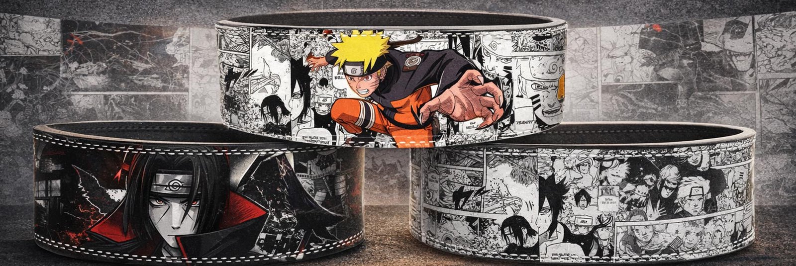Three custom weightlifting belts featuring Naruto anime designs, including a top belt showcasing Naruto Uzumaki in an action pose against a background of manga panels, a bottom left belt displaying Itachi Uchiha in his Akatsuki cloak with red accents, and a bottom right belt entirely covered in a black-and-white collage of Naruto manga panels.
