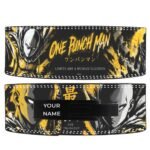 One Punch Man weightlifting belt with Saitama artwork in black and gold