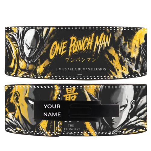 One Punch Man weightlifting belt with Saitama artwork in black and gold