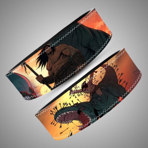 Primal lifting belt showing dinosaur battle scene and lever buckle