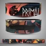 Primal weightlifting belt with caveman and jungle design