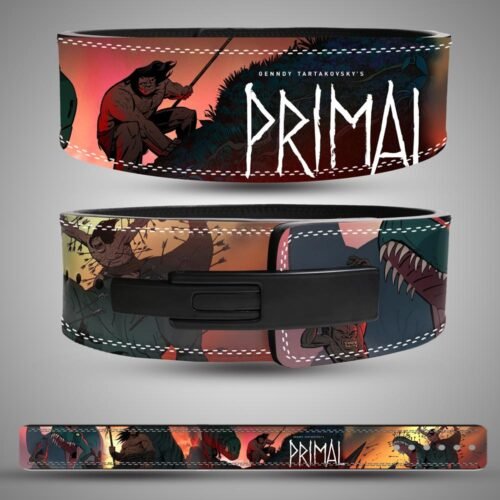 Primal weightlifting belt with caveman and jungle design