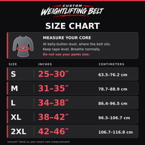 Custom Weightlifting belt Size chart