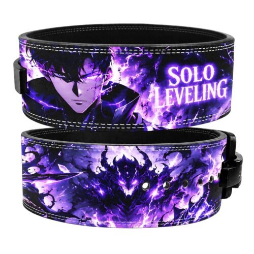 Solo Leveling lifting belt showing character artwork and lever buckle