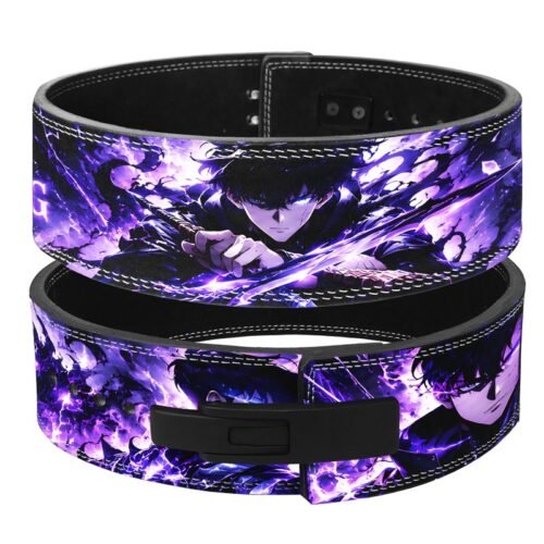 Solo Leveling weightlifting belt with Sung Jin-Woo and purple shadow energy