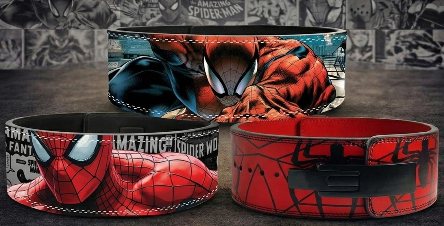 Three custom weightlifting belts featuring Spider-Man designs, including a comic book action scene, a close-up character mask graphic, and a red belt with a black web pattern and lever buckle.