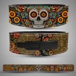 Sugar Skull Aztec weightlifting belt showing colourful skull artwork, a black lever buckle and the full-length design
