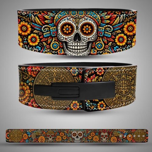 Sugar Skull Aztec weightlifting belt showing colourful skull artwork, a black lever buckle and the full-length design