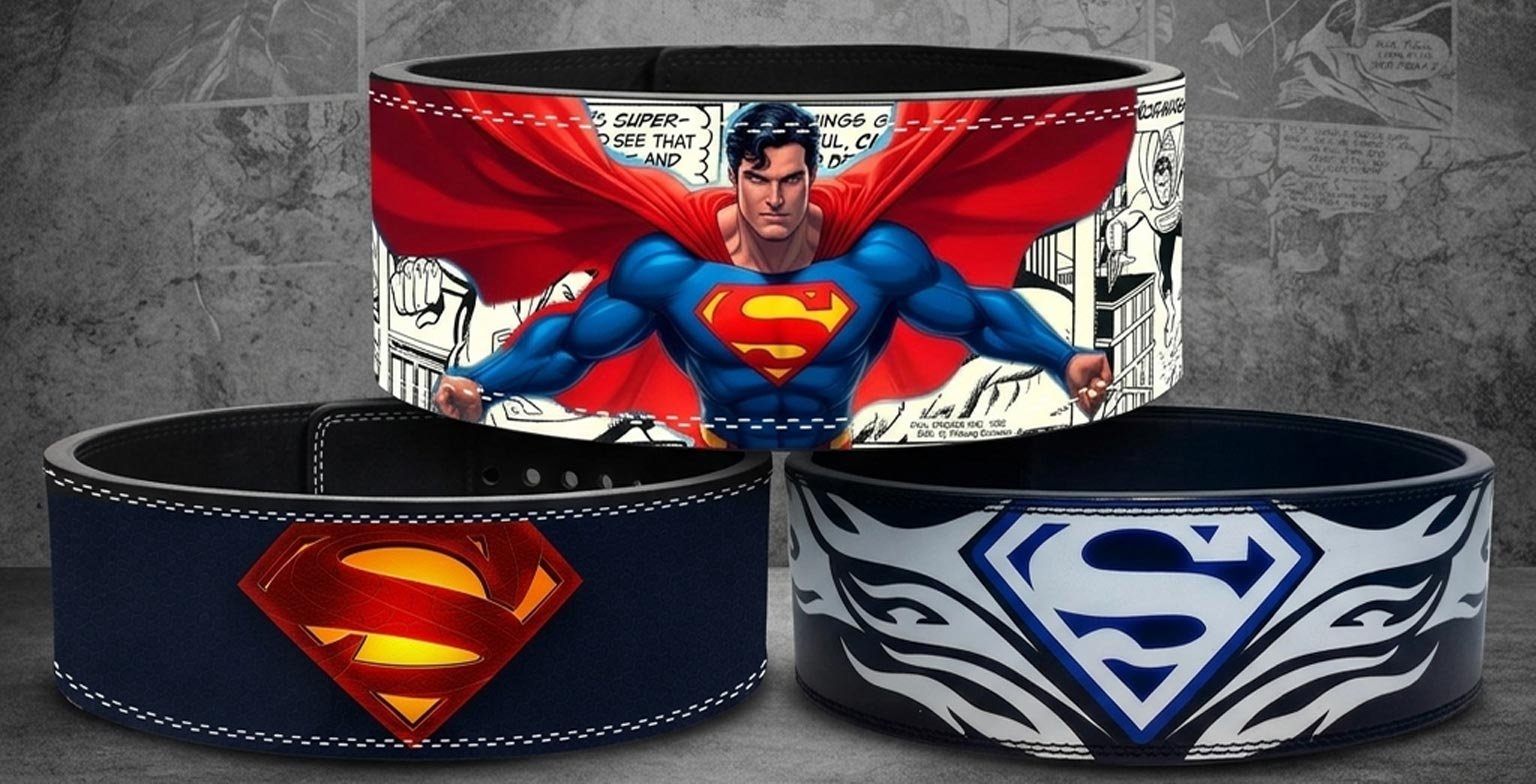 Three custom weightlifting belts showcasing Superman artwork, including a classic illustration of the hero flying against a comic strip background, a dark blue belt with the traditional red and yellow 'S' shield, and a black belt with a stylized blue and white tribal 'S' logo.