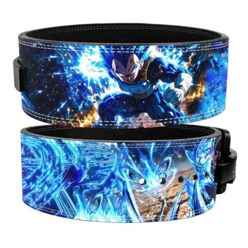 Vegeta weightlifting belt with blue space artwork, energy rings, and black lever closure