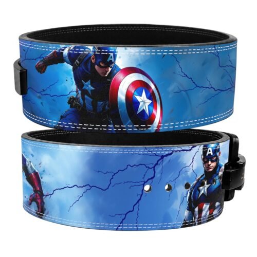 Captain America and red-white shield on a blue weightlifting belt with lightning artwork and white stitching