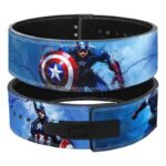 Captain America blue lightning weightlifting belt showing shield artwork and black lever closure