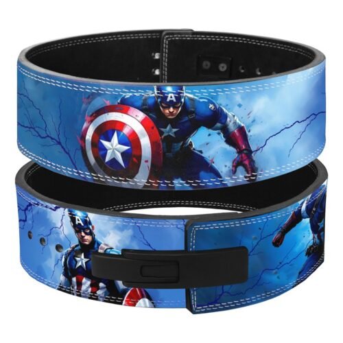 Captain America blue lightning weightlifting belt showing shield artwork and black lever closure