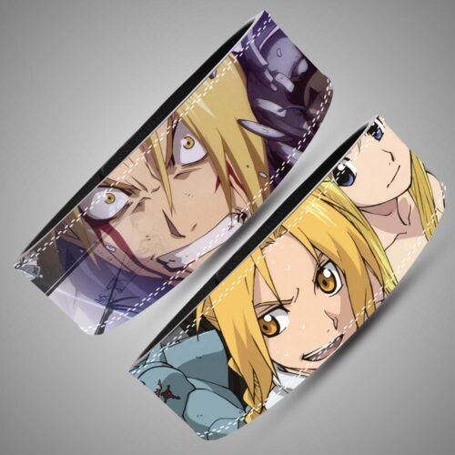 Edward Elric in a red coat beside black-and-white manga panels on a weightlifting belt