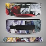 Edward Elric Fullmetal Alchemist weightlifting belt showing back artwork, black lever buckle and full-length design