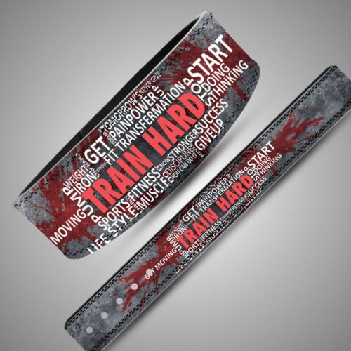 Train Hard weightlifting belt showing red and grey back artwork, black lever buckle and full-length strap