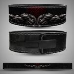 Iron Sinew weightlifting lever belt with black and red textured muscle fiber design