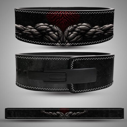 Iron Sinew weightlifting lever belt with black and red textured muscle fiber design