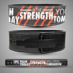 Motivational weightlifting belt with bold typography and orange stripes