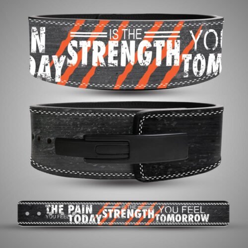 Motivational weightlifting belt with bold typography and orange stripes