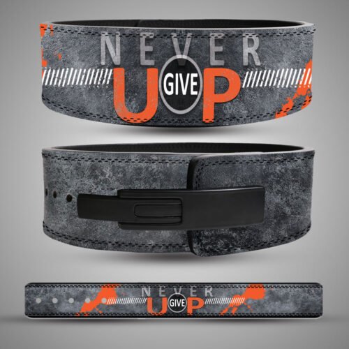 Never Give Up weightlifting belt showing grey and orange artwork, black lever buckle and full-length strap