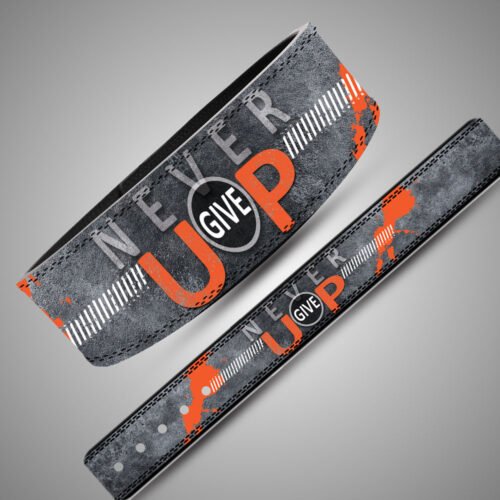 Angled view of Never Give Up belt artwork with orange lettering, white stripes and distressed grey print