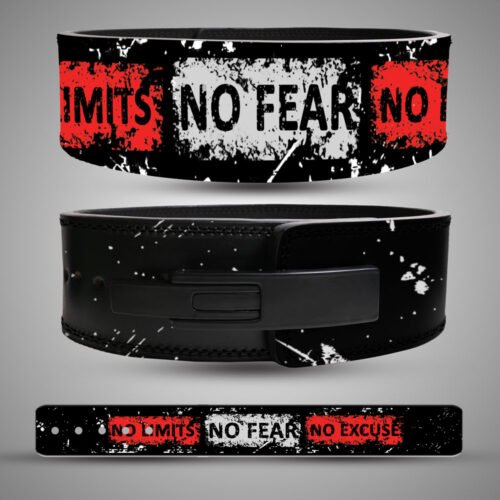 No Fear No Limits weightlifting belt in black, red, and white, showing slogan artwork, lever closure, and flat strap