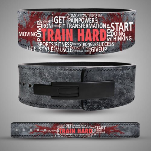 Angled view of Train Hard weightlifting belt artwork with red lettering, white gym typography and distressed grey print