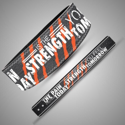 Motivational lifting belt showing lever buckle and adjustable holes