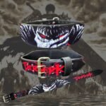 Berserk Demon double-prong lifting belt with red-eyed black-and-white back design, red Berserk lettering, gold-tone buckle and full strap