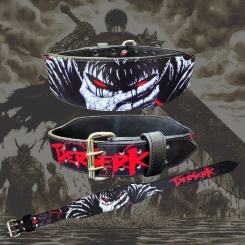 Berserk Demon double-prong lifting belt with red-eyed black-and-white back design, red Berserk lettering, gold-tone buckle and full strap