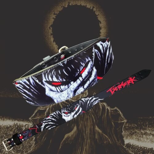 Angled back and extended strap views of the Berserk Demon belt with red eyes, black-and-white artwork and red lettering