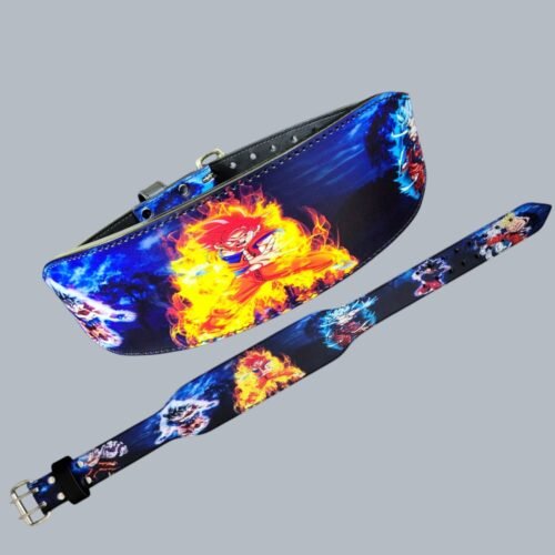 Angled and extended views of the Goku flame lifting belt showing red-haired Goku artwork, blue accents and the double-prong buckle