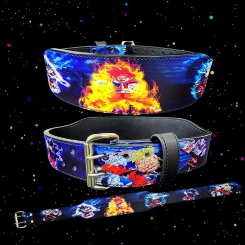 Goku flame double-prong lifting belt front and buckle views with red-haired Goku, orange flames, blue background and gold-tone buckle
