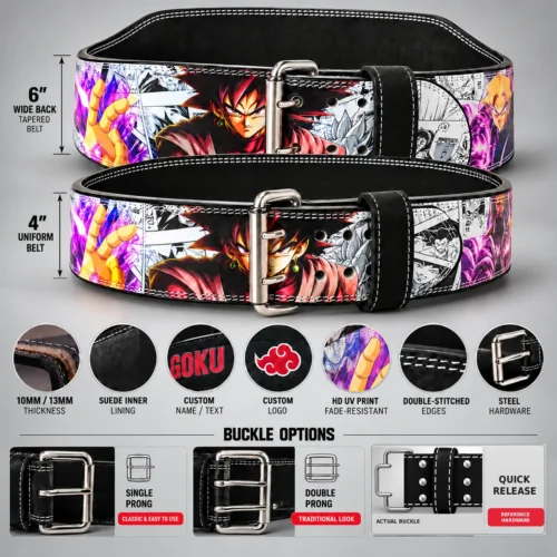 Anime prong belt infographic showing printed artwork, inner lining, stitching, and buckle examples