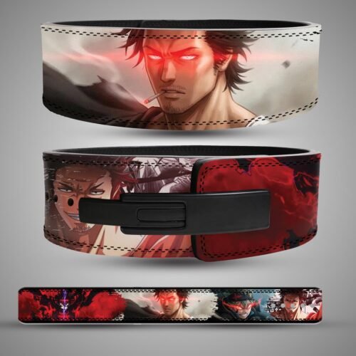 Three views of an Asta and Yami weightlifting belt showing Yami back artwork, a black lever buckle and the full character-print strap