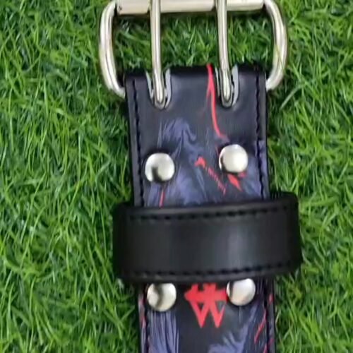 Video cover showing the double-prong buckle and printed strap of the Berserk Demon lifting belt