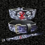 Three views of the Berserk Skull double-prong lifting belt with skull artwork, red emblem and gold-tone buckle