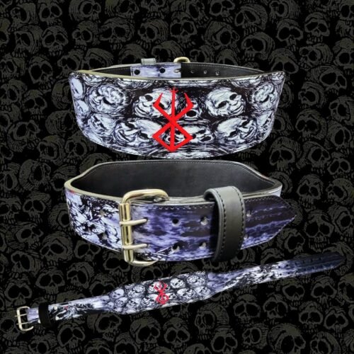 Three views of the Berserk Skull double-prong lifting belt with skull artwork, red emblem and gold-tone buckle