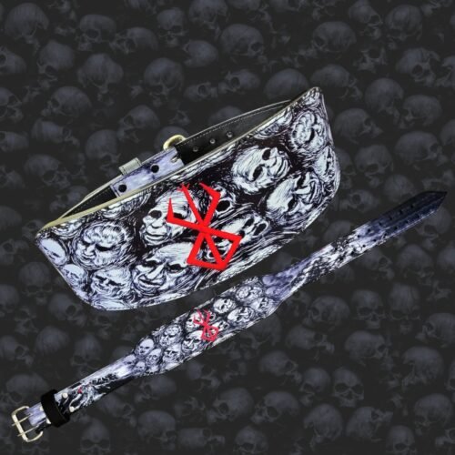Angled and unrolled views of the Berserk Skull belt showing monochrome skull artwork and red emblem