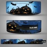 Blue Halloween weightlifting belt with black pumpkins, bats, and a personalized lever buckle.
