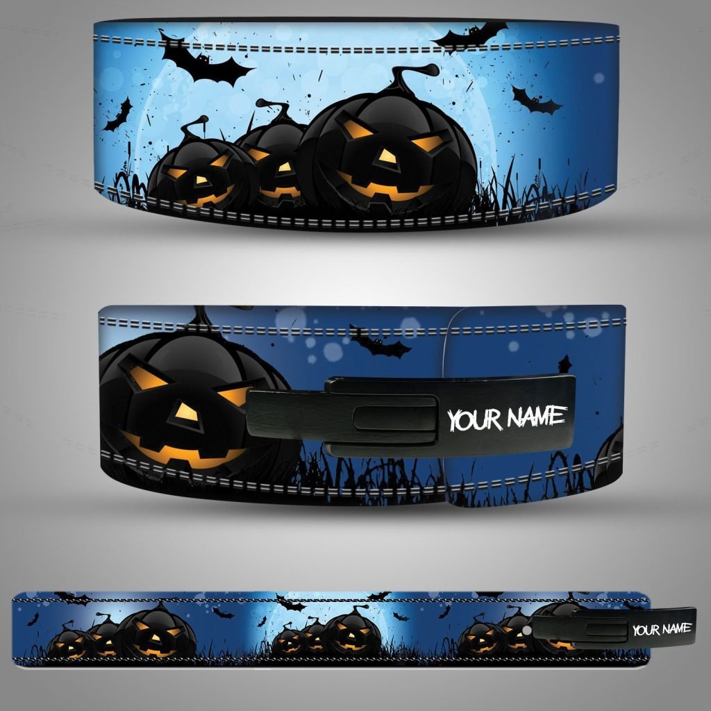 Black Pumpkin Halloween Weightlifting Belt Blue Halloween weightlifting belt with black pumpkins, bats, and a personalized lever buckle.