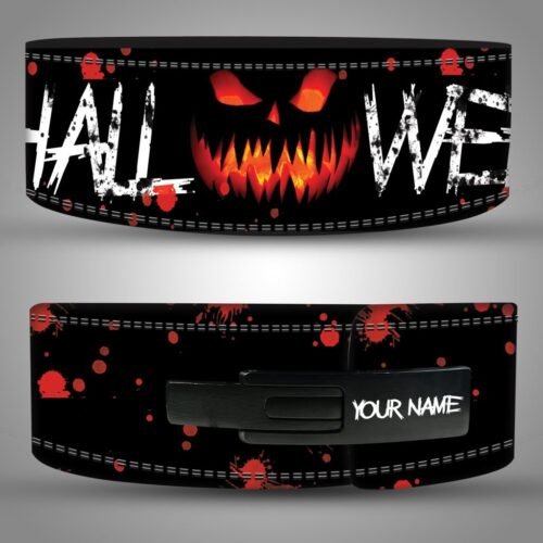 Front and buckle views of a black blood pumpkin weightlifting belt with red splatters and a personalized lever buckle.