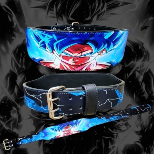 Blue-haired Goku double-prong lifting belt front, buckle and strap views