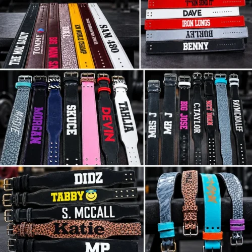 Collage of custom prong belt color and name design examples